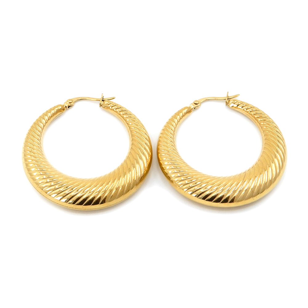 18K Gold Dipped Stainless Steel Textured Hoop Pin Catch Earrings